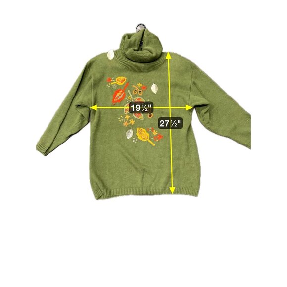 Vtg Olive Green Cowl Neck Sweater Embroidered Autumn Leaves PA International - Picture 7 of 9